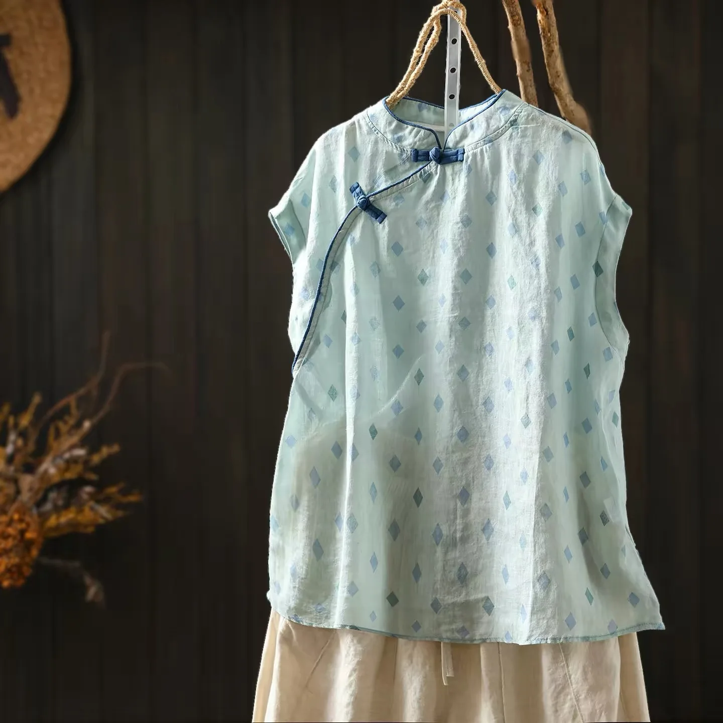 Women Vintage Chinese Style Ramie Sleeveless Tank Top Mandarin Collar Traditional Frog Knot Buttons Geometric Print Shirts Blous