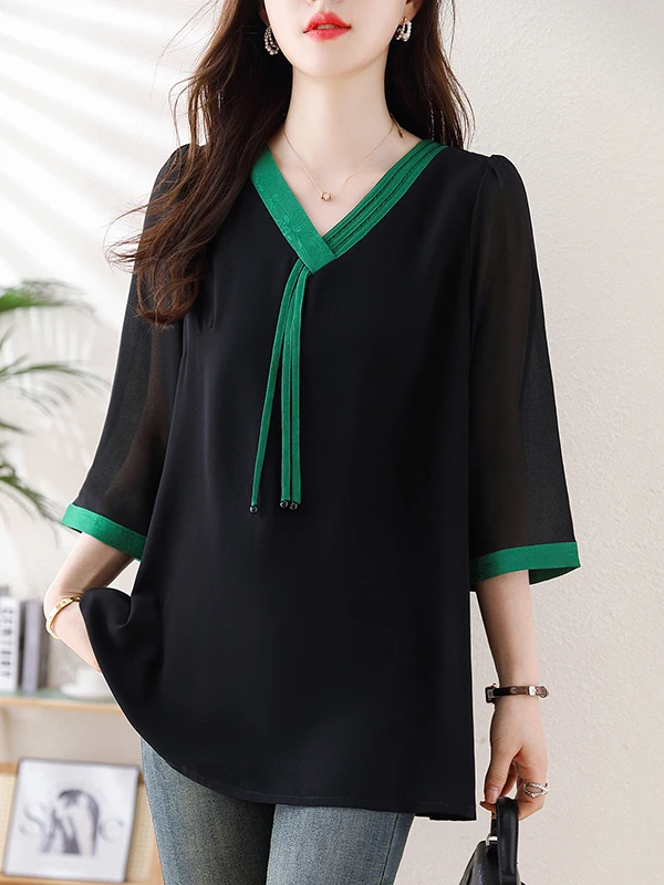 Nieuwe 2025 plus Size Losse Chiffon T-shirt irt vrouwen Vlees Verbergen Afslanken Faion V-Ne Kleur Blo ort Sve Top