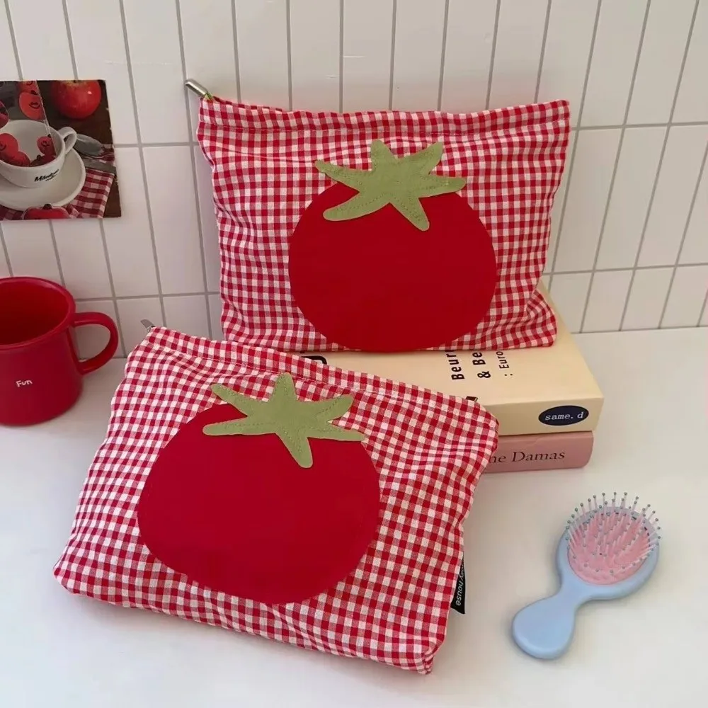 

Portable Red Plaid Tomato Makeup Bag Large Capacity Lightweight Toiletry Pouch Travel Cosmetic Case Lipstick Earphones Bag