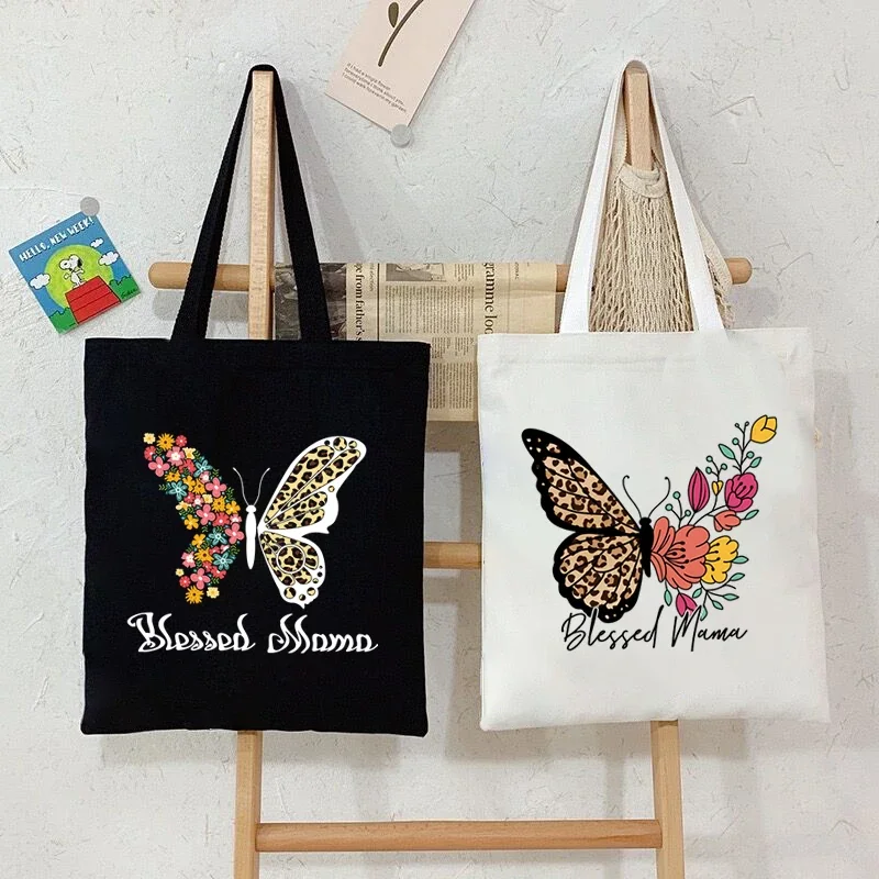 Bolso de mano con estampado de Blessed Mama para mujer bolsa de compras Vintage con estampado de flores y mariposas
