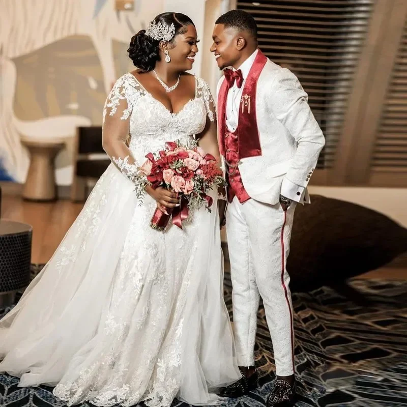 Vestido De Novia personalizado con apliques De encaje y cuello en V para Novia, Vestidos De Novia De manga larga De talla grande, vestido De Novia con espalda baja