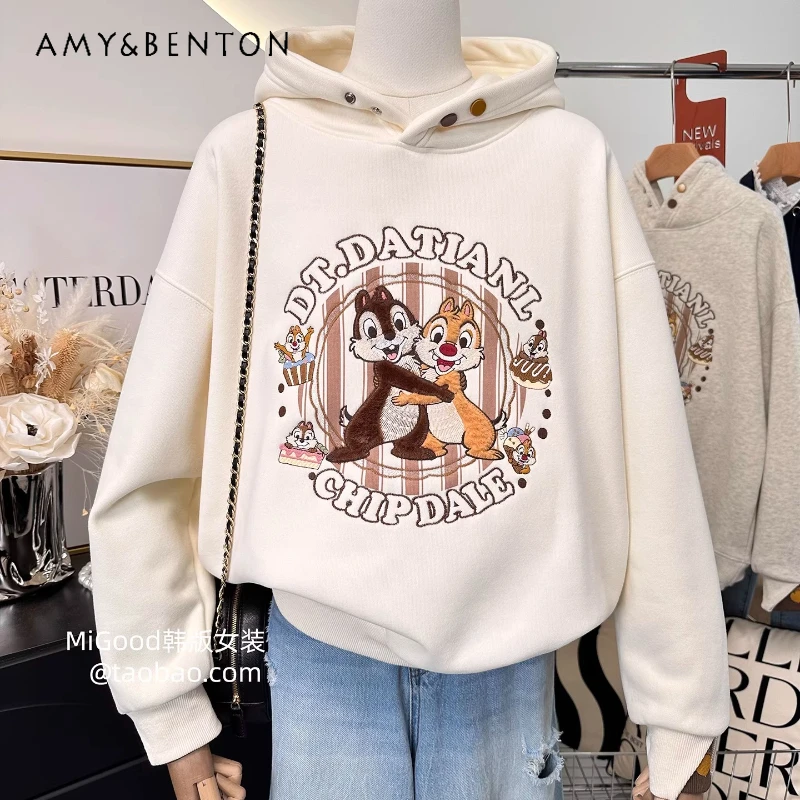 الثقيلة التطريز الكرتون نمط مزدوجة الأكمام تصميم فضفاض مقنعين الصوف سميكة البلوز الشتاء البلوز هوديس السيدات