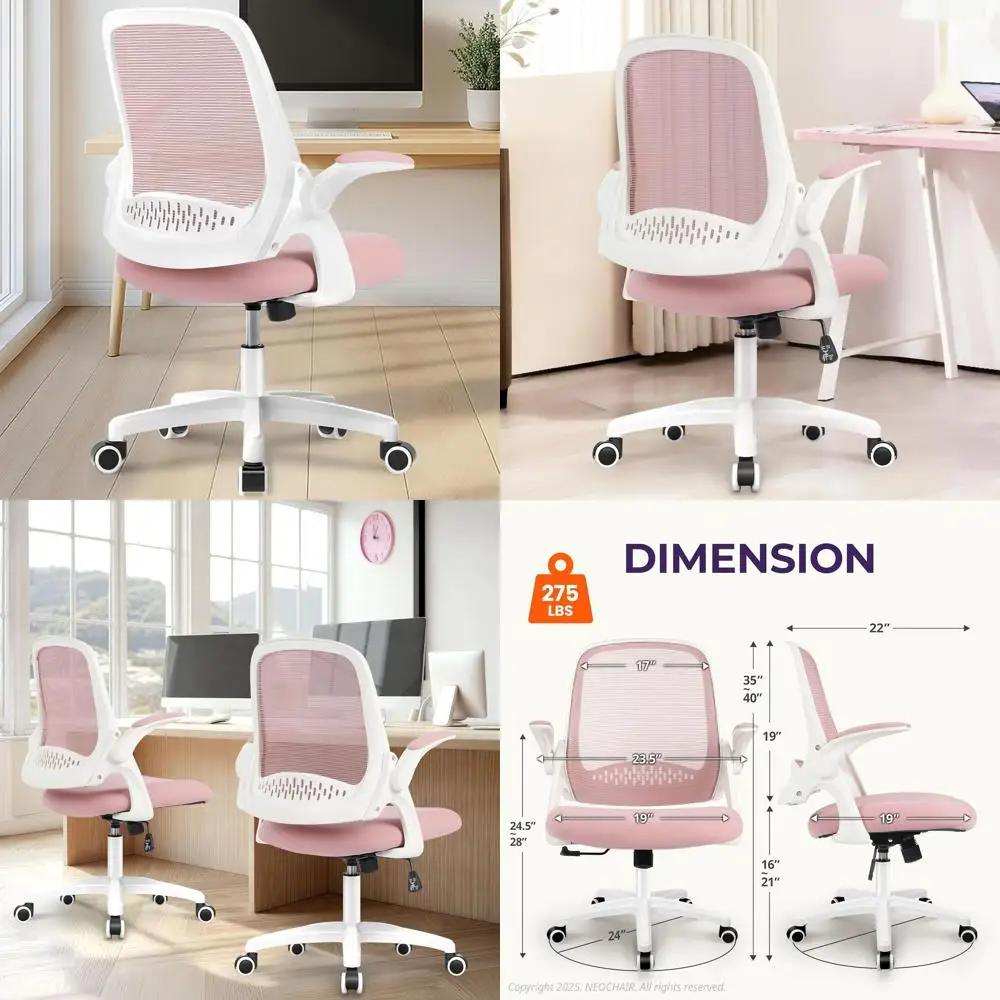 

Ergonomic Computer Gaming Chair with Lumbar Support, Adjustable Height, Swivel, Flip-up Arms, Mesh Seat for Home/Office (Pink)