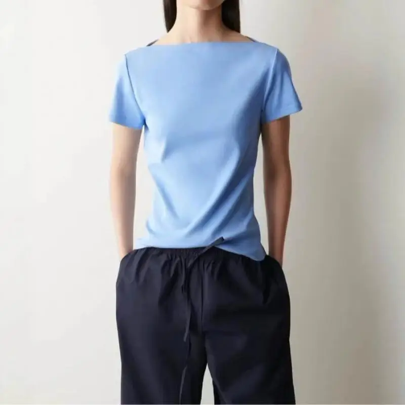 Maxdutti Southern France Lazy Minimalist Women's Slim Fit Version Boat Neck Short Sleeved T-shirt White Summer T-shirt Woman Top