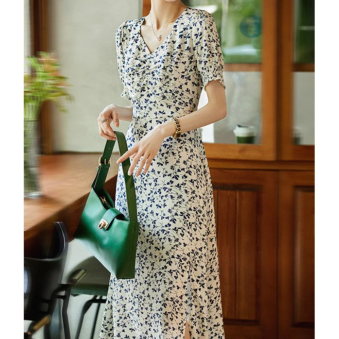 100% Mulberry Silk Lining Women's Dresses Floral Elegant Dresses Women Clothing V-Neck Summer Dress New 2024 Vestidos Mujer