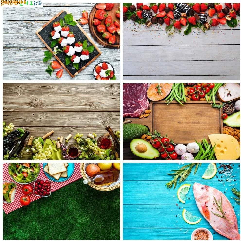 

Kitchen Props Strawberry Backdrops Photography Wooden Board Decoration Custom Greens Camping Food Home Studio Photo Backgrounds