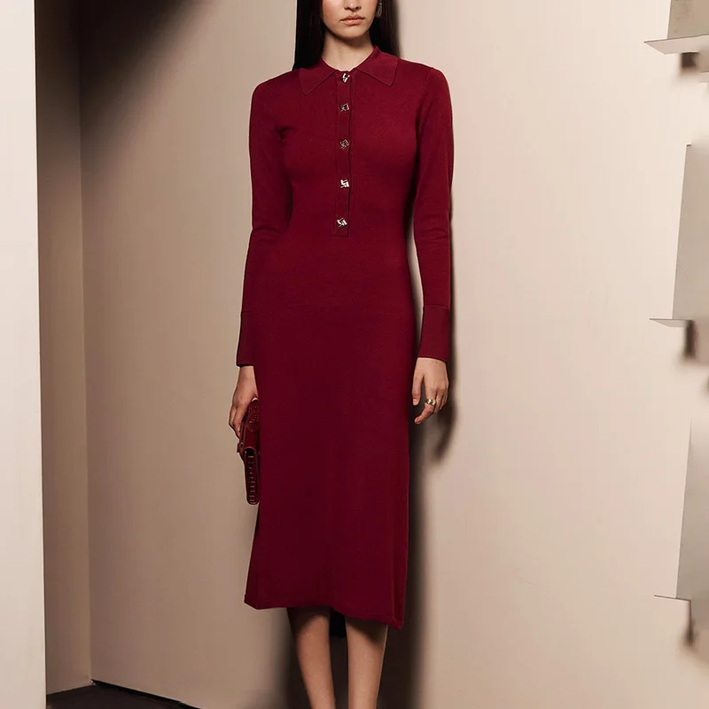 

Ticketsx Elegant Button Slim Knit Dress Women Button Lapel Collar High Waisted Long Sleeve Dress Office Lady Commute Maxi Dress