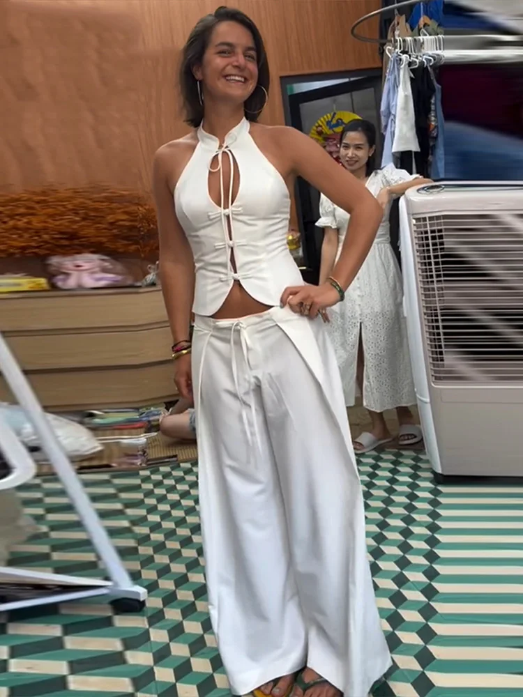 Damen-Hosenanzug, 2-teilig, ärmellos, mit Aussparungen, Schleifenknöpfen, rückenfreies, kurzes Oberteil, Schnürung, plissierte Hose, glamouröses Damen-Outfit – Detail 5