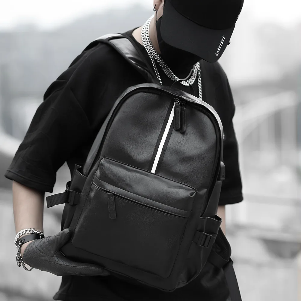 Modischer Rucksack mit Streifenmuster für Herren, große Kapazität, Reisetasche mit USB-Anschluss, Herrenrucksäcke, weicher Rucksack aus PU-Leder, Schulrucksack für männliche Studenten. – Detail 28