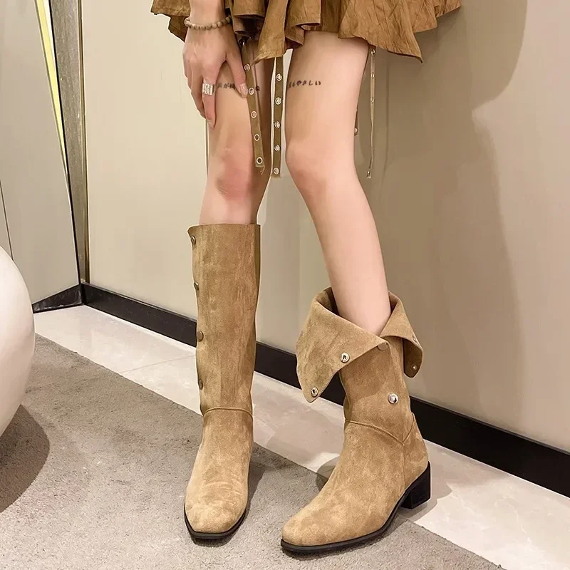 Western Cowboy Boots Women Autumn Square Toe Thick Heel High Knee Boots Woman Suede Fabric Long