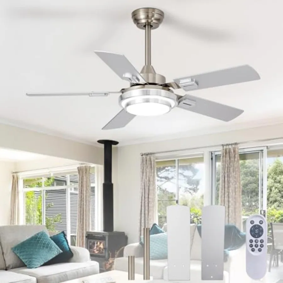 

42-Inch Ceiling Fan with Light for Living Room and Outdoor Patios: Brushed Nickel and Matte Black Dual Finish, 5-Blade Reversib