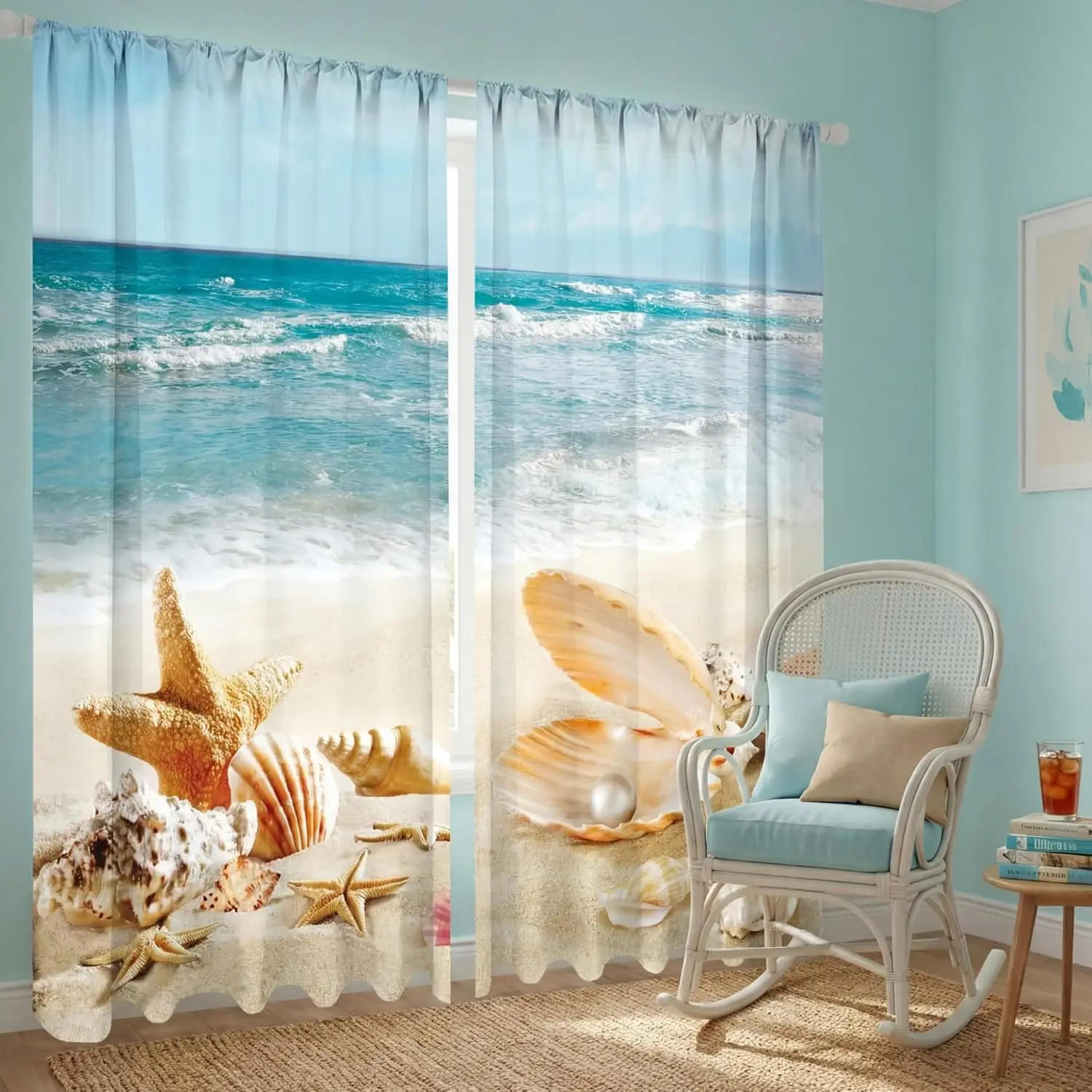 Tropical Beach Seascape Curtains Ocean Waves Coastal Nautical Window Drapes Waterproof Beach Scene Curtain Panels for Bedroom Li