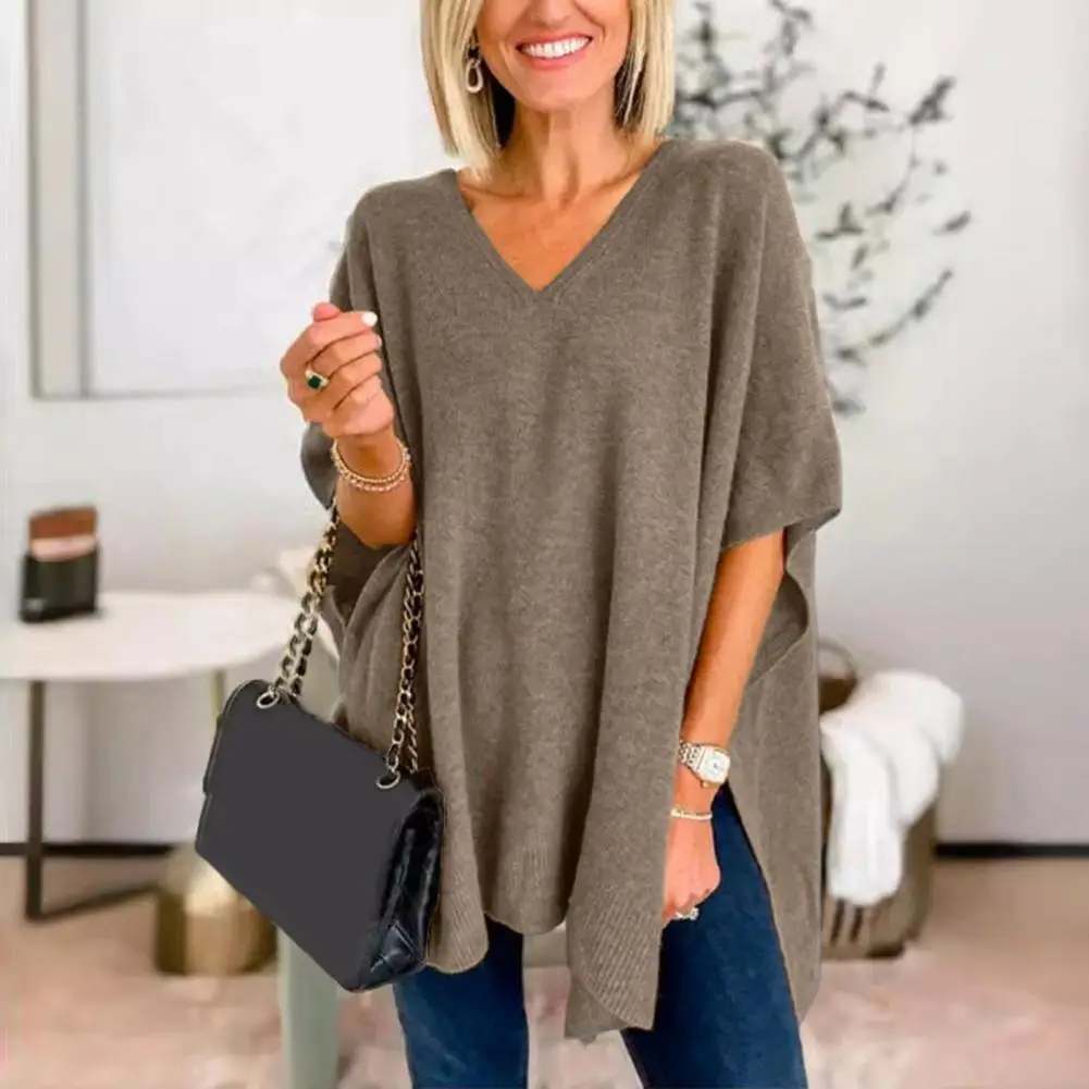 

Warm Bat Sleeve Knitwear Stylish Women's V-neck Batwing Sleeveless Sweater Vest with High Low Hem Casual Knit Top for Autumn