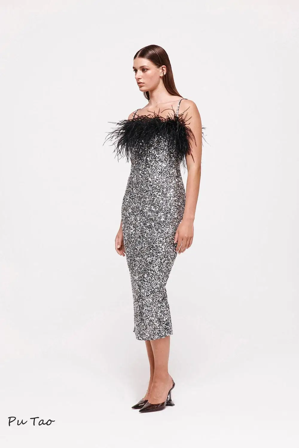 PuTao Celebrity Party Dresses For Women Luxury Diamond Chain Straps Feather Sliver Sequins Glitter Midi Cocktail Dress 2024