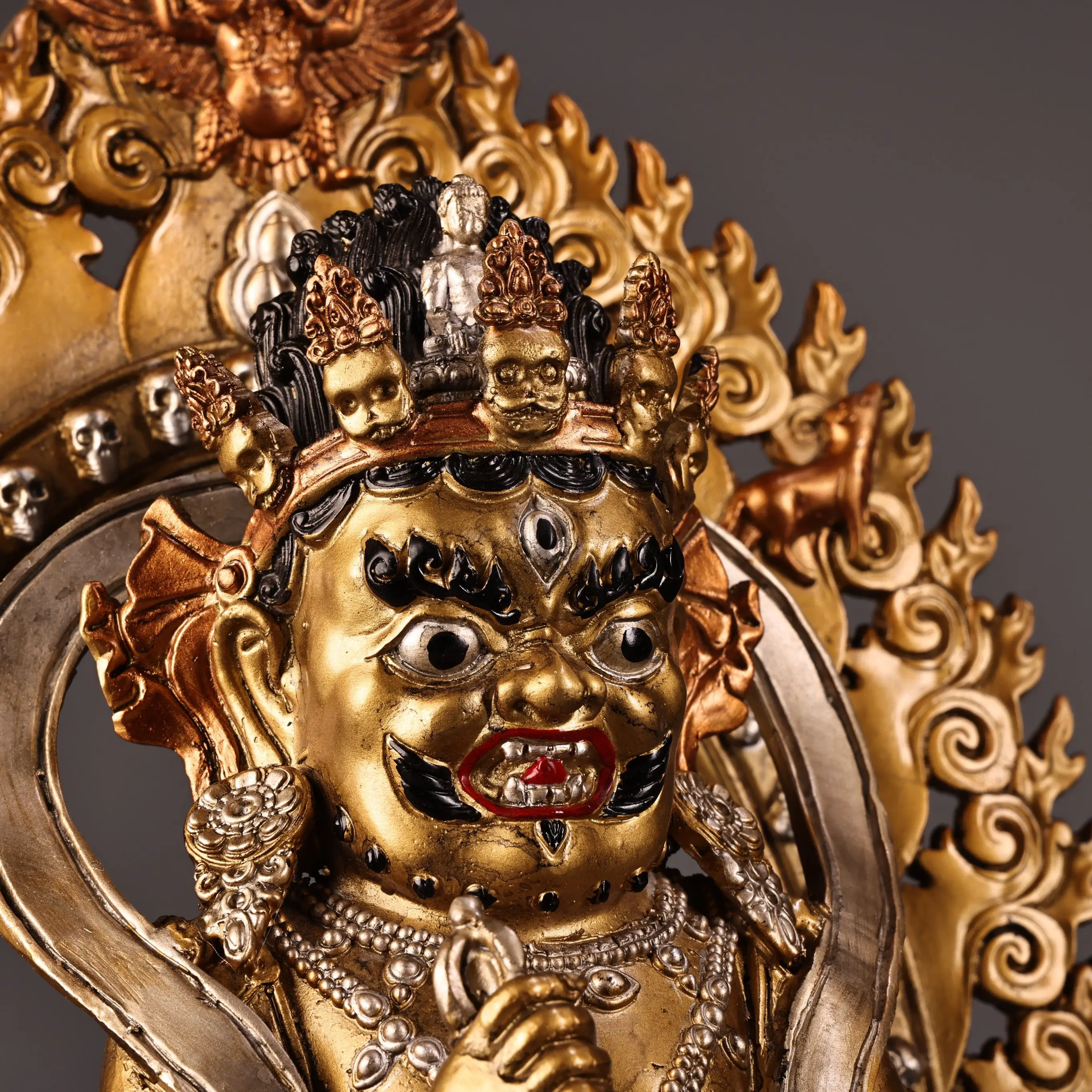 Bronze High Relief Engraved Gold Silver Tibetan Mahakala Statue Heavy Patina Fine Art Collectible
