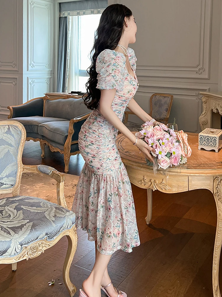 Sweet Gentle Elegant Dress for Women Mesh Flower Pleate Bubble Sleeve  Bodycon Fishitail Robe Party Holiday Vestido Maxi Clothes - AliExpress  200000345