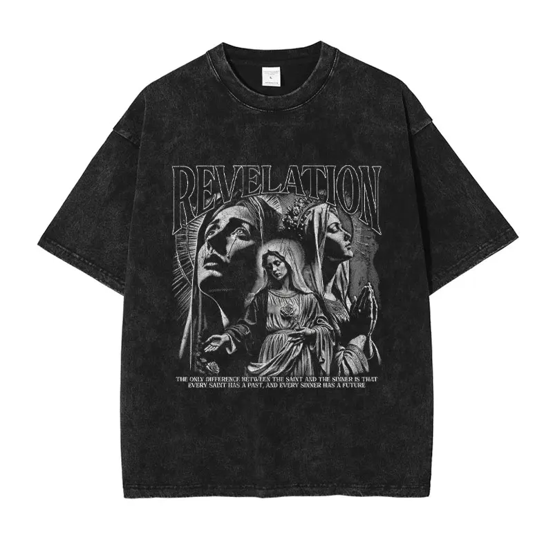 God pattern T Shirt Oversized Virgin Mary Vintage Washed T-shirts Y2K Streetwear Retro DTG Printing Tops Tees Men 100% Cotton