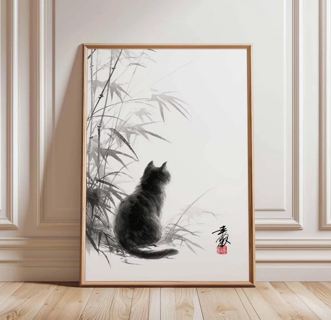 Impresión artística de gato japonés, arte de pared de gato zen, pintura con pincel de tinta negra, póster minimalista de gato, decoración de gato estilo Sumi-e, animación tranquila