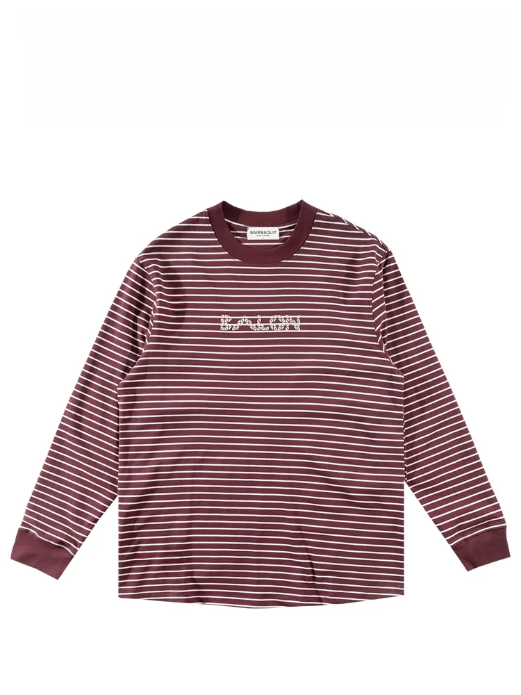 

Ретро-футболка BAIRBAOLIY в японском стиле с полосками, круглым вырезом и длинными рукавами, повседневная толстовка для пар, хлопок/полиэстер