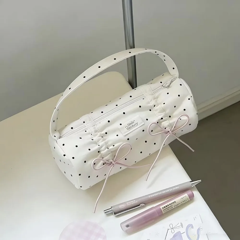 INS Polka Dot Bow Design Pencil Case Handheld Portable Pen Bag Large Capacity Stationery Pouch Gift