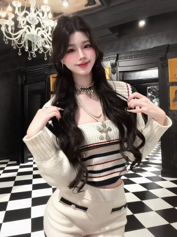 

London Walk American Retro Lazy Style White Stripes Knitted Open Cardigan Pants Set Women's Fashion Set Warmth Midweight Wint...