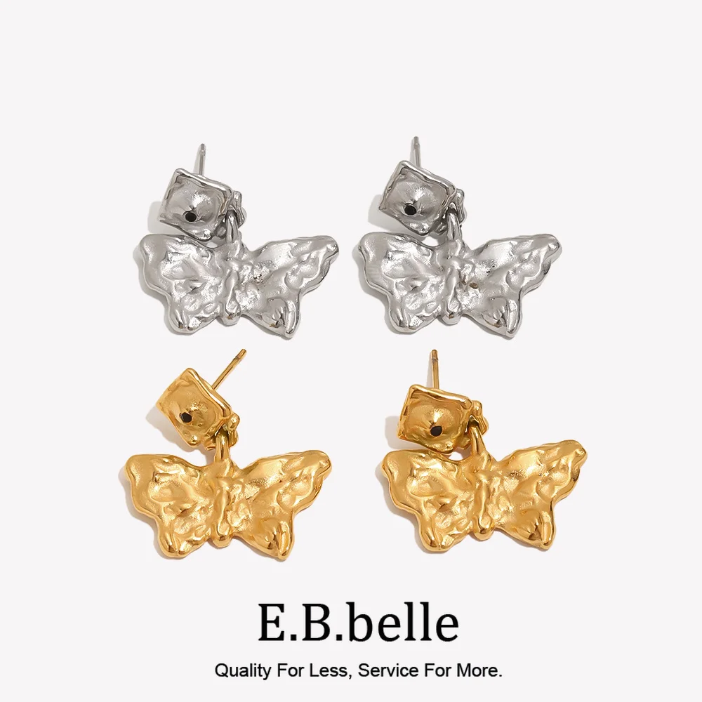 E.B.belle Gehämmerte Schmetterling-Ohrstecker 18K Vergoldeter Edelstahl Wasserdichte Damen-Ohrringe Eleganter Filigraner Schmuck