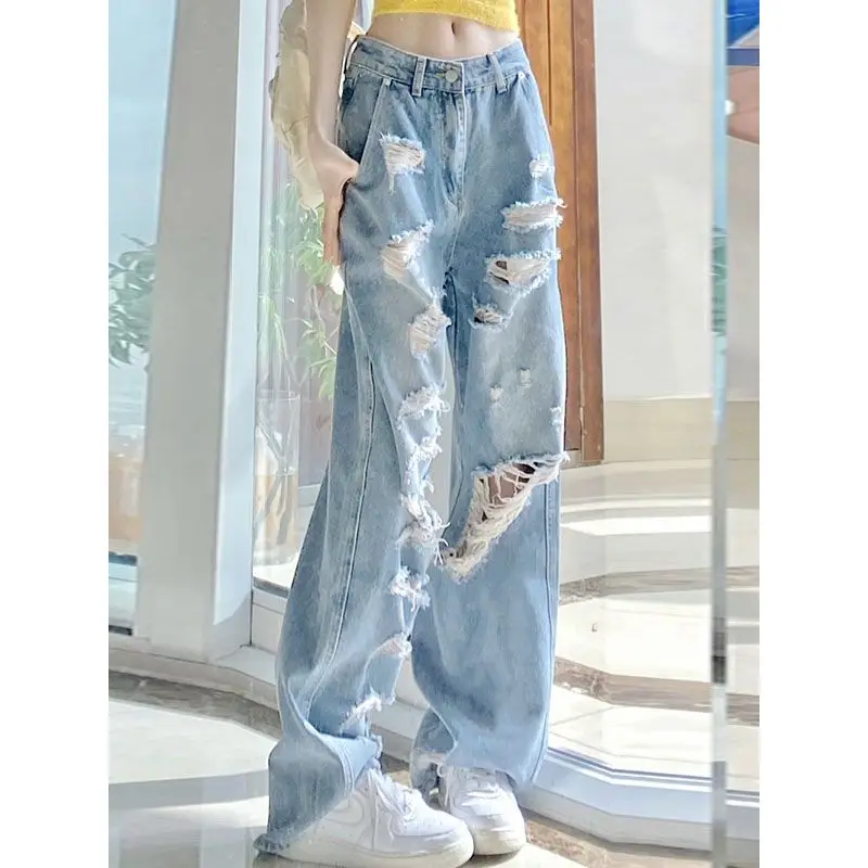 High Street Hot Girl Ripped Jeans Women New Straight-leg Loose Slimming Design Wide-leg Trousers Trendy