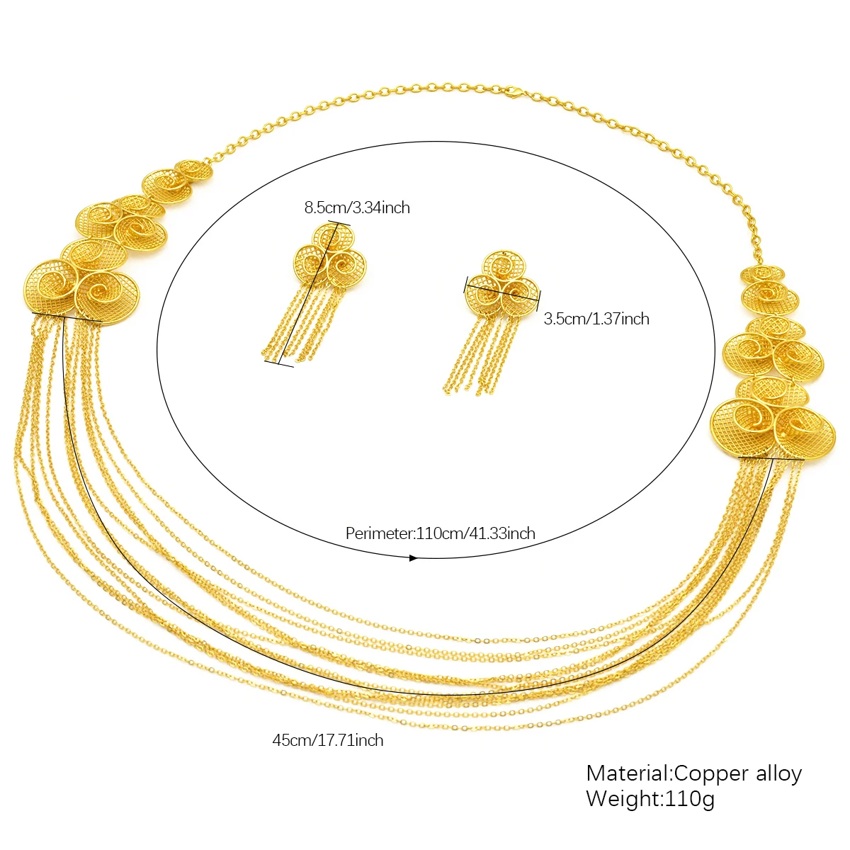 ANIID Ethiopian Tassel 24K Gold Color Necklace And Earrings Set For Lady Long Chain Necklace Luxury Jewelry Wedding Party Gifts