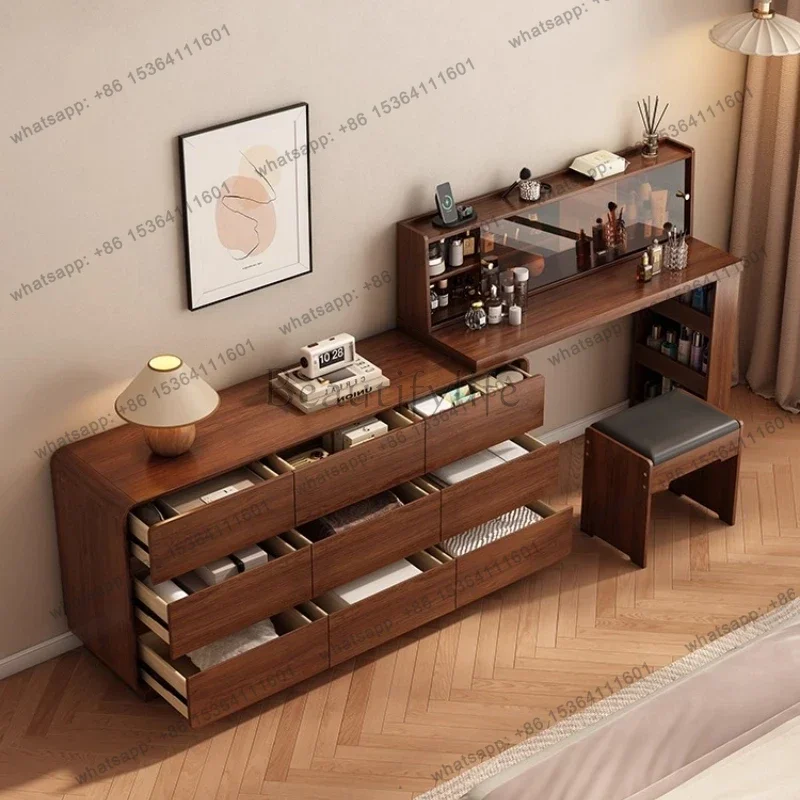 LSMakeup Table Nordic Modern Solid Wood Dresser Chest Integrated Simple Bedroom Dressing Table Bedside Storage  Retractable