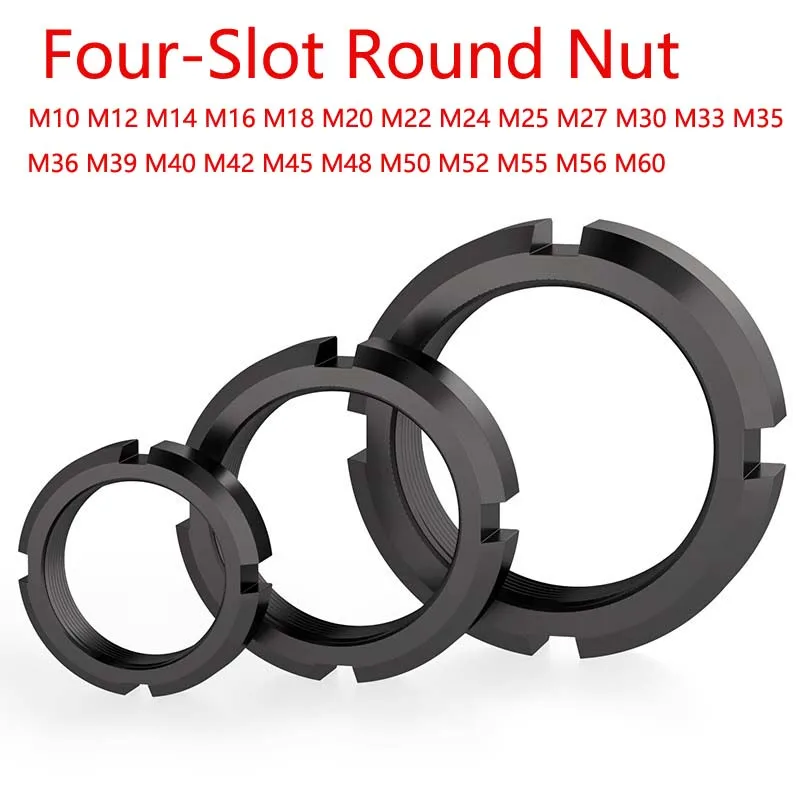 2Pcs Black GB/T 812 Slotted Nut Four-Slot Round Screw Stainless Steel Round Precision Lock Nut M10 M12 M14 M16 M18 M20 M22 ~ M60