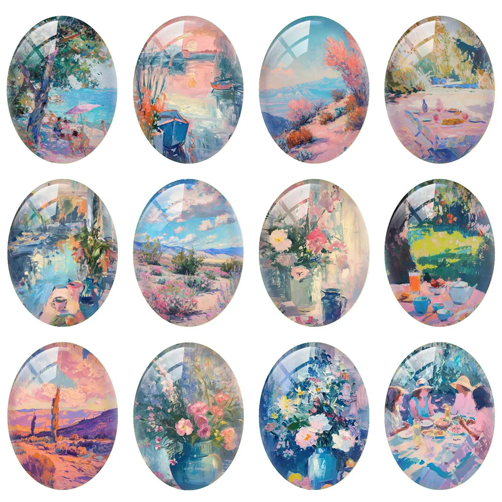 10pcs/lot Countryside Landscape Oval Photo Glass Cabochon Flatback Demo Flat Back Cameo For Diy Jewelry Making Supplies