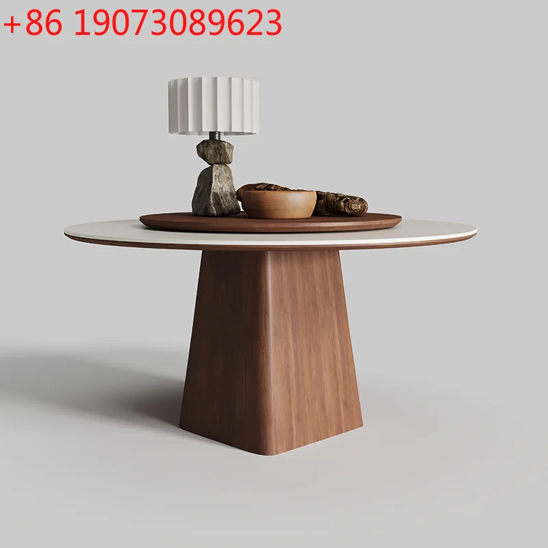

Deli Feng cave stone rock slab dining table round with turntable wabi sabi medium antique solid wood round table