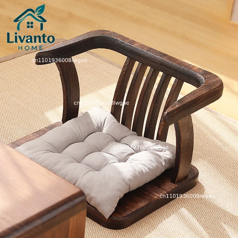 

Japanese Solid Wood Tatami Chair Meditation Stool with Backrest for Tea Ceremony Zen Style Armchair for Balcony or Living Room