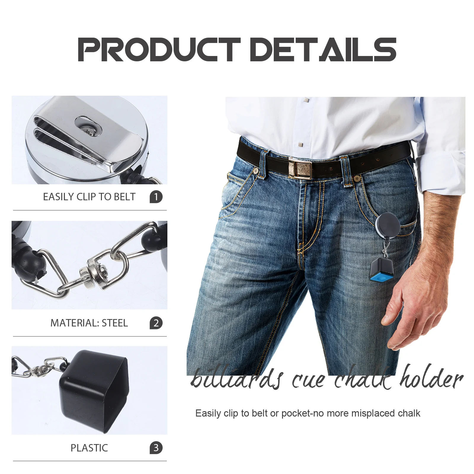 

Pool Billiard Snooker Retractable Chalk Holder Clip Steel Rubber Plastic Convenient Use No Dirty Hands