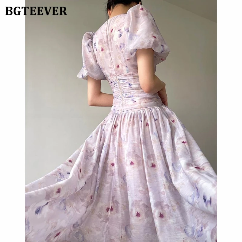 BGTEEVER French O-neck Slim Waist Female A-line Dress Elegant Puff Sleeve Women Floral Dress Mid-length Summer Vestidos