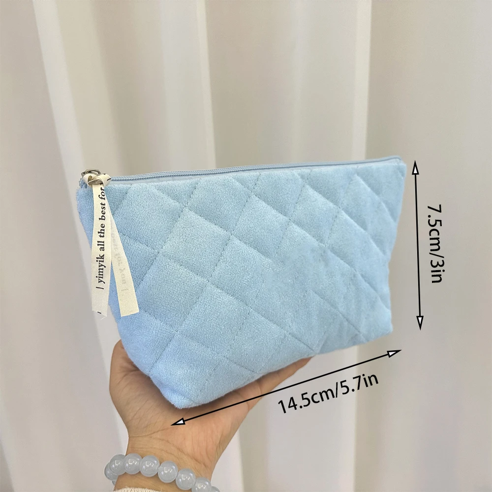 Quilted Makeup Bag For Women Terry Cloth Plaid Lining Cosmetic Bag Portable Soft Toiletry Bag For Travel