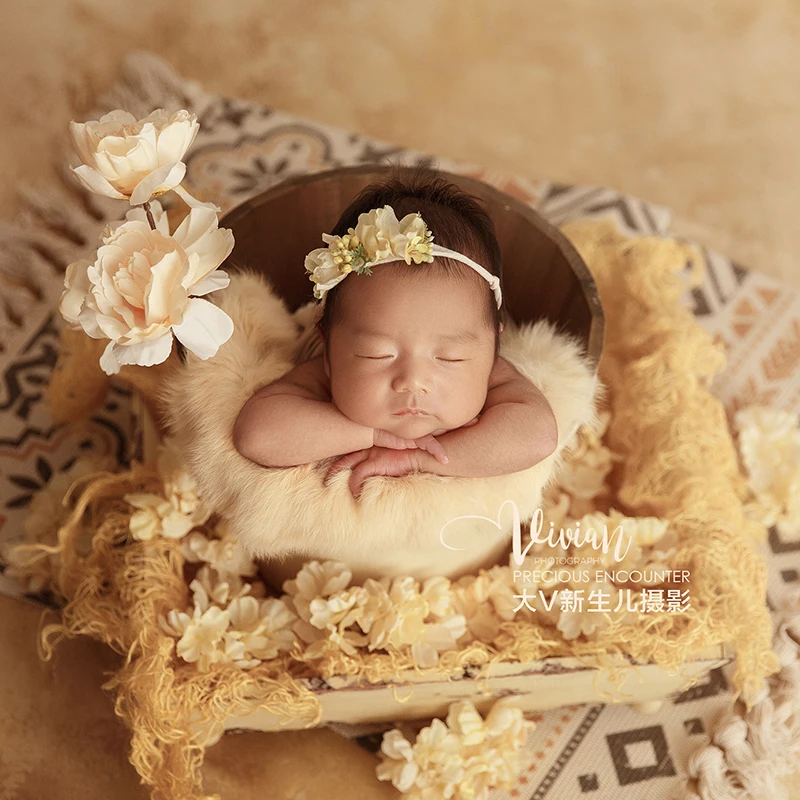 Newborn Photography Props Plush Ball Hat Headflower Rabbit Blanket Props Yellow Theme Set Accessories Baby Studio Shooting