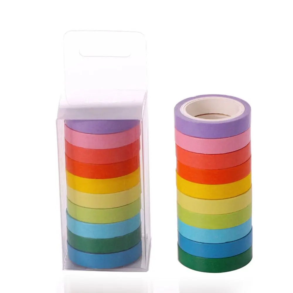 

10 Rolls Adhesive Scrapbooking Tapes Cute Rainbow Solid Color Masking Tapes Multifunctional Paper Sticker Decorative Tape