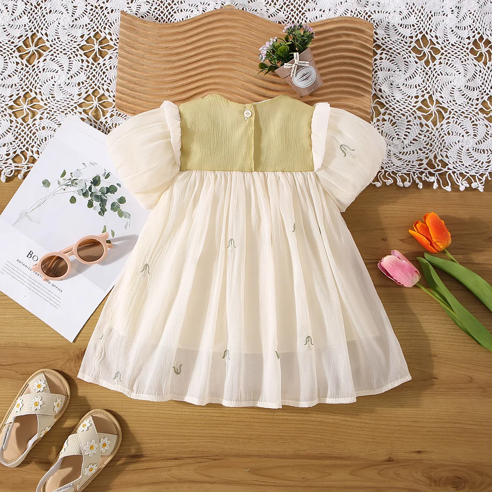 Summer Baby Girl Dress Girl Colored Collar 3D Small Bow Small Flower Embroidered Mesh Princess Dress