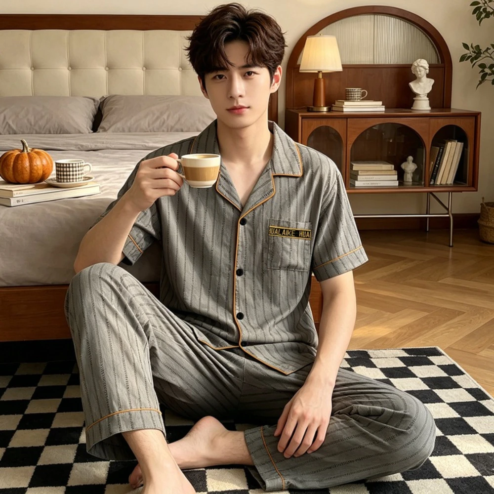 Men's Simple Vertical Strip Casual Loose Short Sleeved Pants Sleepwear Homewear Youth Pajamas Gray Comfortable and Soft 2PCS/Set