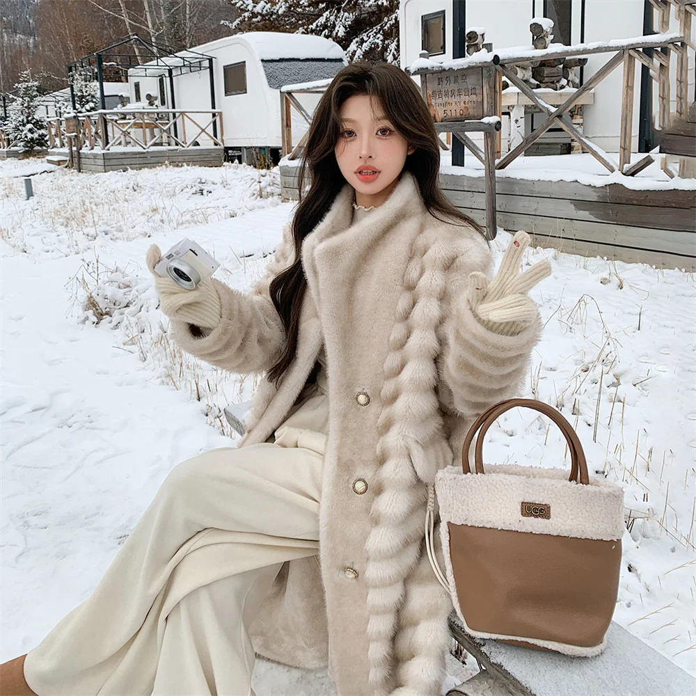 Fashion Lapel Long Faux Mink Fur Coat Woman Winter Coats Thick Warm Furry Fur Jacket Faux Fur Outerwears New In Coats Jackets