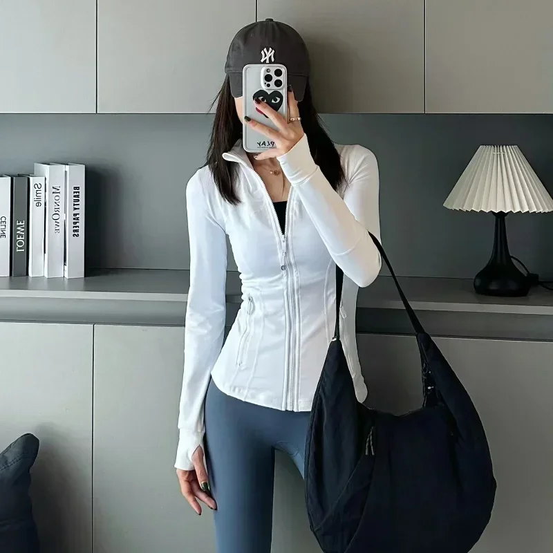 Women Long Sleeve Sports Jacket With Pockets High Elastic Fitness shaping Running Zip Up Jackets Workout Coat Top