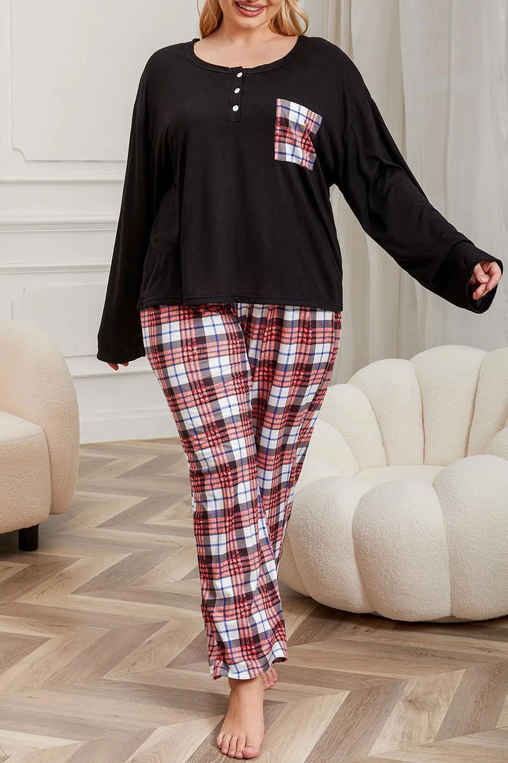 Plus Size Fall Winter Casual Black Long Sleeve Patch Pockets Tops & Plaid Print Long Pants Loose Christmas Pajamas 2 Pieces Sets