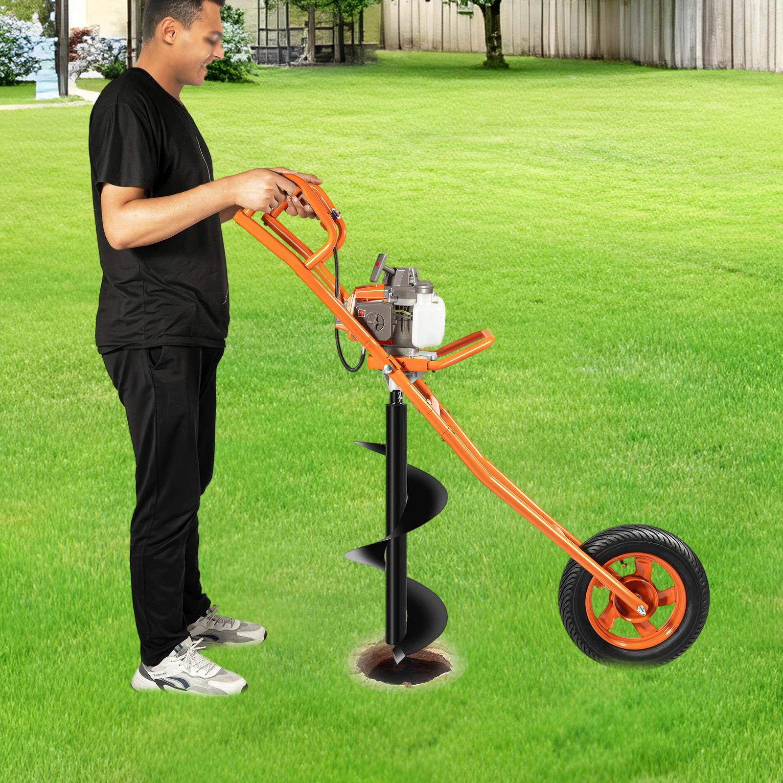 63CC Gas Post Hole Digger with Single Wheel Cart, 8800RPM Earth Drill with Drill Bit for Orchard and Construction