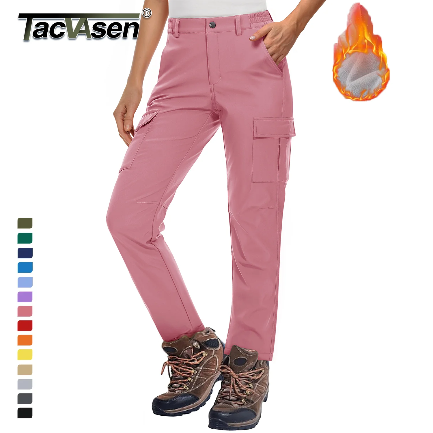 TACVASEN Winter Skiing Hiking Cargo Pants Womens Snowboard Pants Waterproof Windproof Multi-Pockets Fleece Lined Camping Trouser