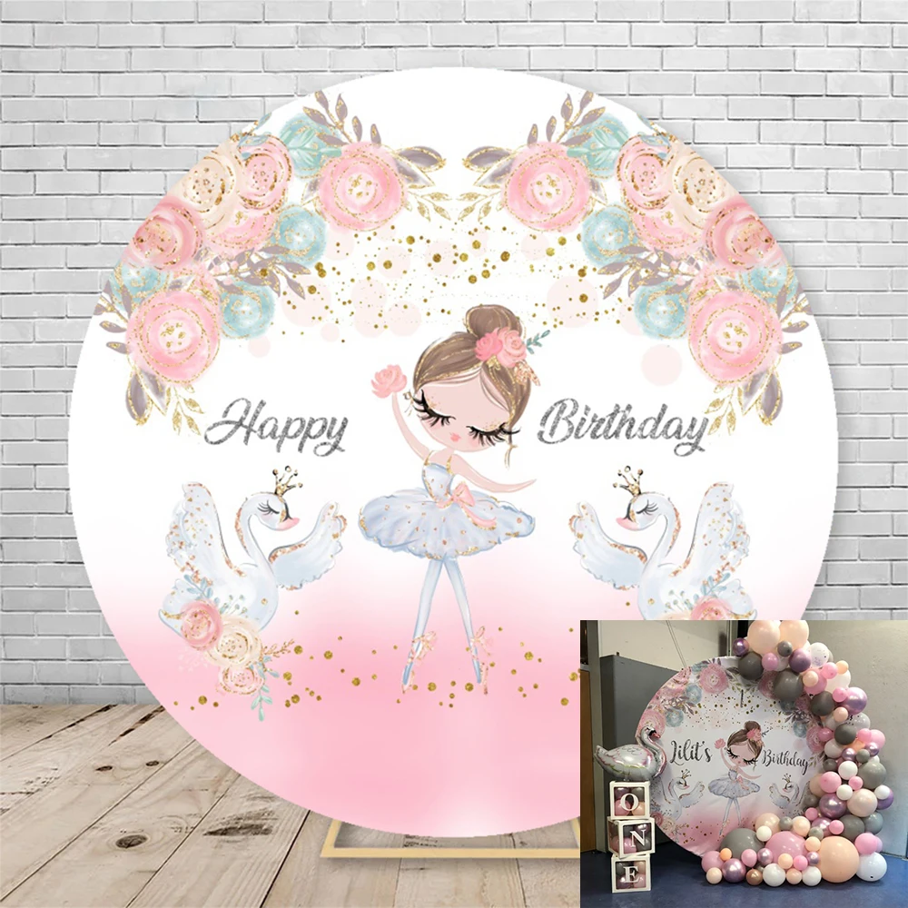 Round Photography Background White Swan Pink Gold Crown Girls Birthday Party Elastic Cover Round Decor Backdrop Photo Studio