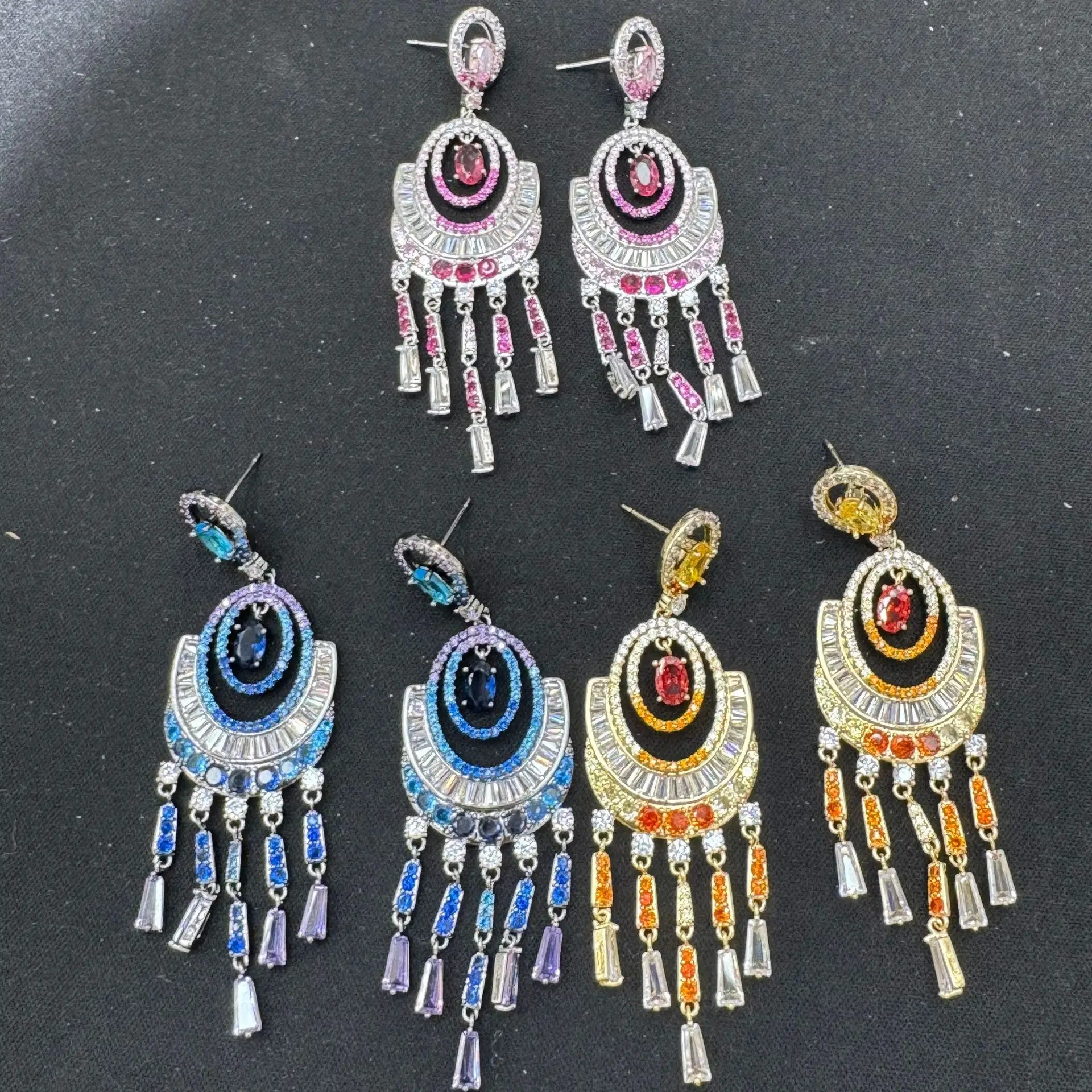 fashion luxury cubic zirconia earrings for women shiny jewelry long tassel chain dangling earrings blue fushia pink yellow