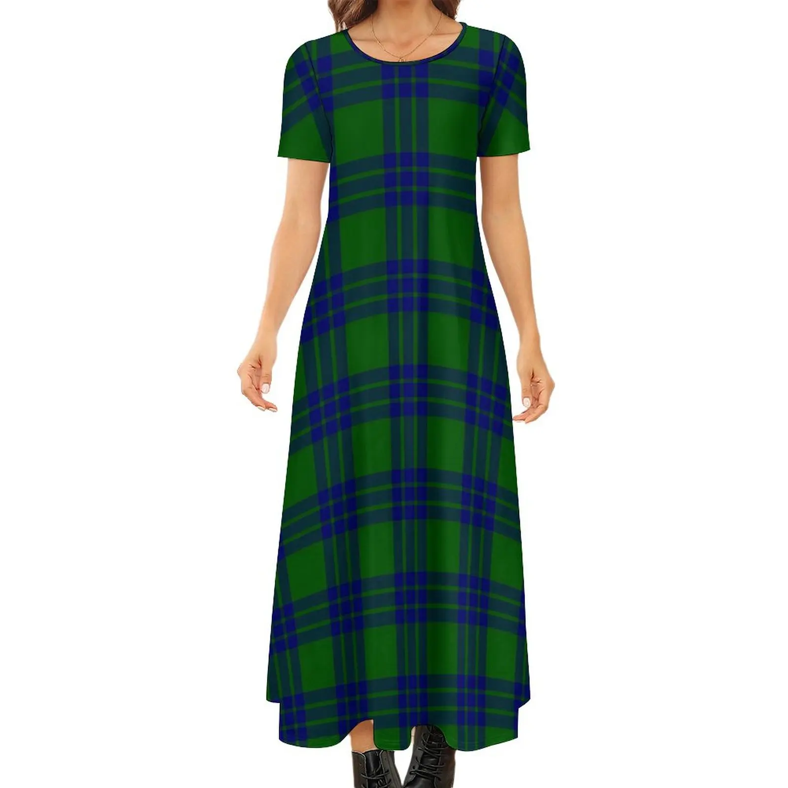 

Green And Blue Plaid Dress Vintage Print Aesthetic Bohemia Long Dresses Female Vintage Maxi Dress Big Size 6XL 7XL