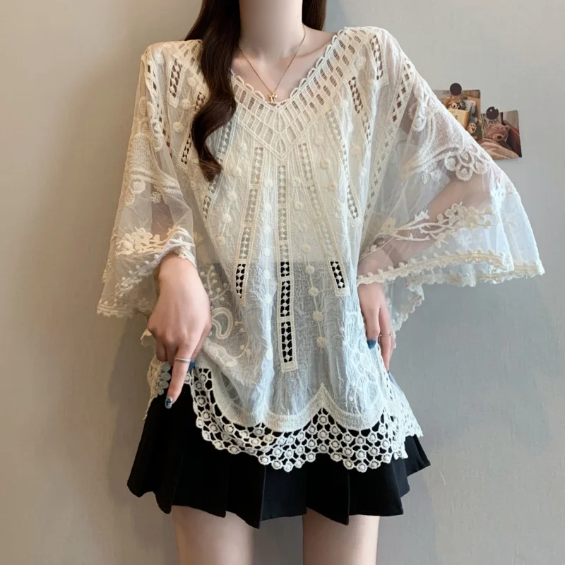 

Винтажная свободная женская блузка с v-образным вырезом и цветочным вырезом, рубашка с рукавами «летучая мышь», повседневные летние вязаные топы