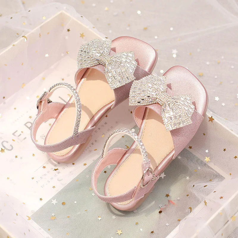 Luxury Kids Blue Pink Princess Dress Up Shoes Sandals for Girls Fashion Wedding Evening Party Cute Bow Dance Shoes School Child